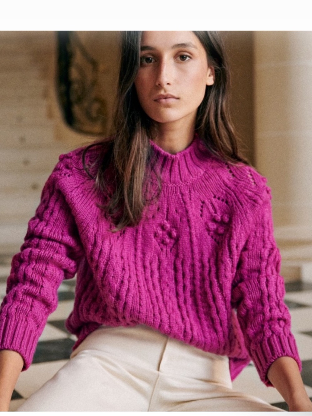 Sezane Aubin Sweater Magenta Pink Merino Wool Knit Jumper Size XXS